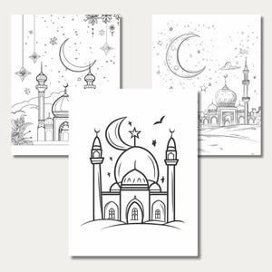 May include: Three black and white colouring pages featuring mosques and crescent moons. The first page shows a mosque with a crescent moon and stars in the sky. The second page shows a mosque with a crescent moon and stars in the sky. The third page shows a mosque with a crescent moon and stars in the sky.