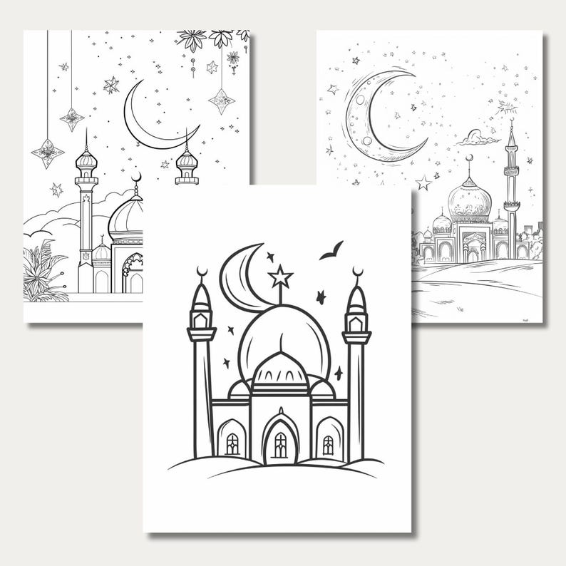 May include: Three black and white colouring pages featuring mosques and crescent moons. The first page shows a mosque with a crescent moon and stars in the sky. The second page shows a mosque with a crescent moon and stars in the sky. The third page shows a mosque with a crescent moon and stars in the sky.