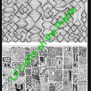 May include: Black and white abstract art print featuring two sections. The top section has a repeating pattern of curved lines forming diamond shapes. The bottom section displays a collection of rectangular and square shapes, each filled with unique patterns.