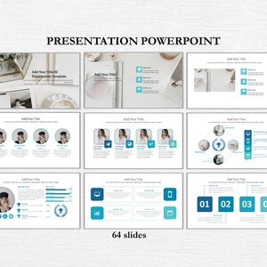May include: A presentation template with 64 slides. The slides feature a variety of layouts with blue and white accents. The slides include icons, charts, and graphs. The text "Presentation PowerPoint" is at the top of the image.