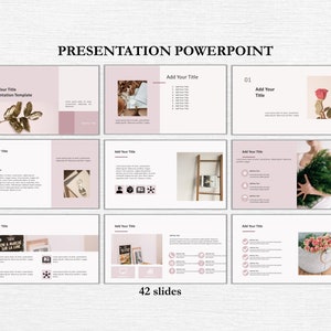 May include: A presentation template with 42 slides. The slides feature a pink and white colour scheme with images of flowers, books, and other decorative items. The text on the slides is in a simple, modern font.