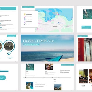 Peut inclure: Un modèle de présentation de voyage avec un thème bleu et blanc. Le modèle comprend des images de plages, de bateaux, de trains et de villes. Le texte "Modèle de voyage" est affiché en grande police en haut de la page.