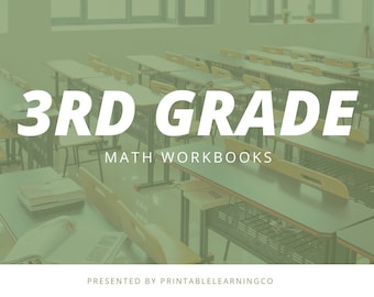 May include: A digital graphic featuring the text 3RD GRADE MATH WORKBOOKS in large white letters, overlaid on a green-tinted image of a classroom with rows of desks and chairs. The bottom includes the text PRESENTED BY PRINTABLELEARNINGCO.