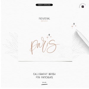 May include: A digital calligraphy brush for Procreate called "Paris" with gold stars and a white background.