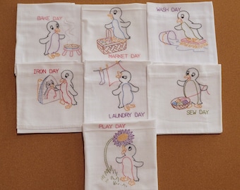 Penny The Penguin Hand Embroidered Tea Towels. 7 Cotton Flour Sack Towels Per Set