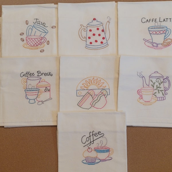 Color Filled Java Break Hand Embroidered Cotton Tea Towel Set. 7 Cotton Flour Sack Tea Towels Per Set.