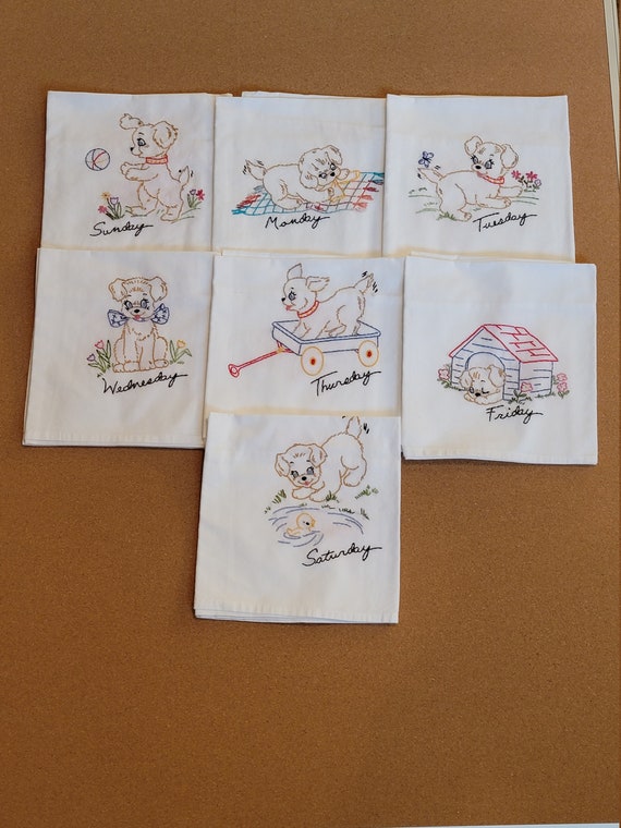 Puppy Fun Hand Embroidered Days of the Week Tea Towels. 7 Etsy
