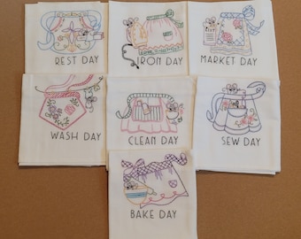 An Apron Day Colorful Hand Embroidered Tea Towel Set. 7 Cotton Flour Sack Towels Per Set