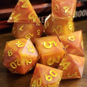 FIREBALL! D&D Dice Set, 9 piece dice set, Polyhedral dice, DnD dice, Dungeons and Dragons, TTRPG.   Fireball-inspired dice set