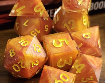 FIREBALL! D&D Dice Set, 9 piece dice set, Polyhedral dice, DnD dice, Dungeons and Dragons, TTRPG.   Fireball-inspired dice set