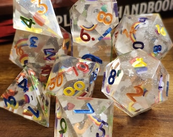Roll With Pride D&D Dice Set, 9 piece dice set, Polyhedral dice, DnD dice, Dungeons and Dragons, TTRPG.   Pride-inspired dice set