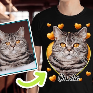 Custom Cat Portrait Shirt, Personalized Heart Design Cat Face Photo T-Shirt, Customized Kitten Name T-shirt, Cartoon Cat Portrait Gift