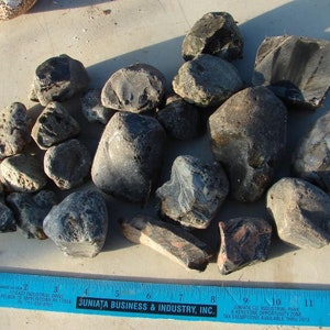 May include: A collection of dark gray and black stones of various sizes and shapes. The stones are arranged on a light brown surface with a blue ruler in the foreground. The ruler is marked with inches and has the text "JUNIATA BUSINESS & INDUSTRY, INC." printed on it.