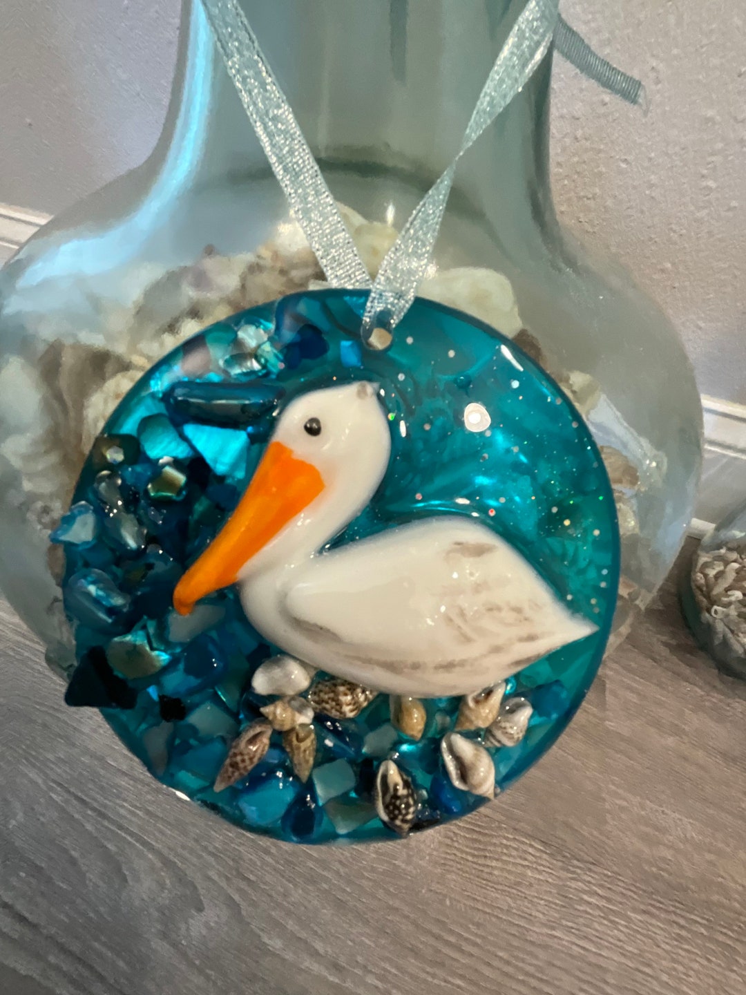 Pelican Seashell Ornament, Ocean Ornaments, Beach Ornaments, Pelican