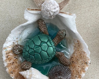 Sea turtle in a sea shell Beach Coastal Ocean Decoration Ornament, Beach Wedding Favors, Christmas Sealife Ornaments, Beach Ornaments
