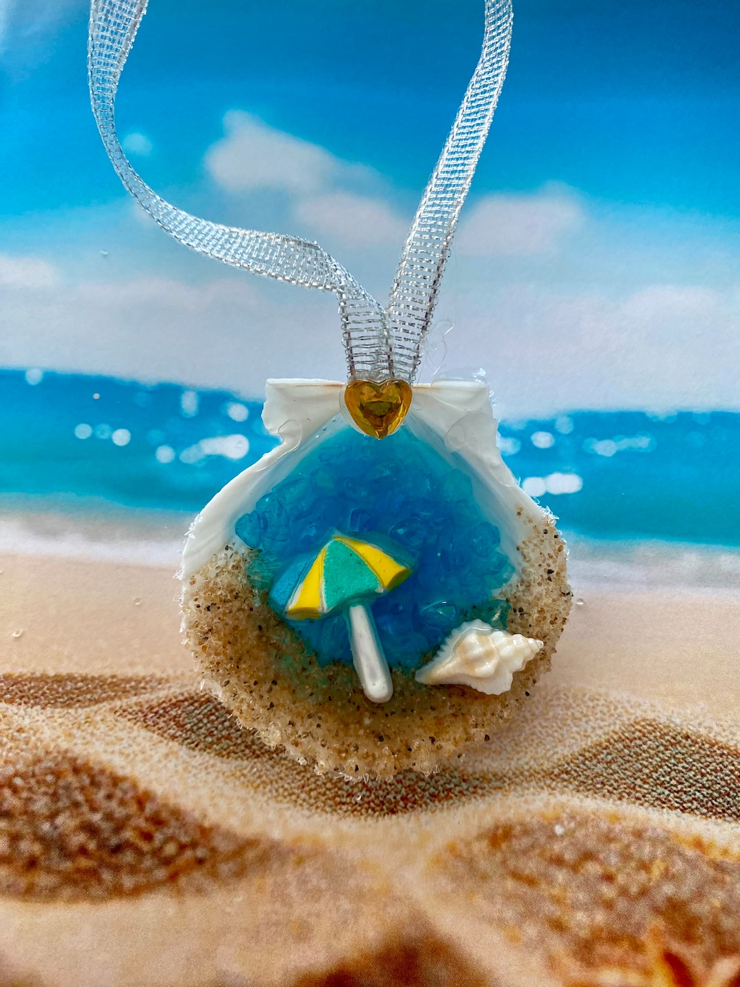 Beach in a Sea Shell Beach Coastal Ocean Decoration Ornament, Beach ...