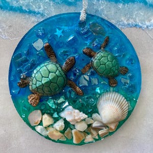 Sea turtle and baby Ornament, Ocean Ornaments, Sea Turtle Ornament, rear view mirror charms, wine deco, Christmas Beach Ornaments