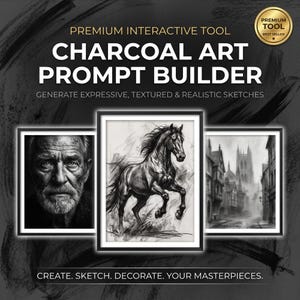 May include: A digital tool titled Charcoal Art Prompt Builder featuring three framed charcoal-style illustrations: a portrait of an elderly person, a galloping horse, and a misty street scene with a cathedral. The text reads Premium Interactive Tool.