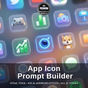 May include: A selection of app icon designs on a gradient background. The icons, in transparent squares, feature a game controller, a camera, a chart, and a Shiba Inu dog. The text "App Icon Prompt Builder" is displayed below the icons.