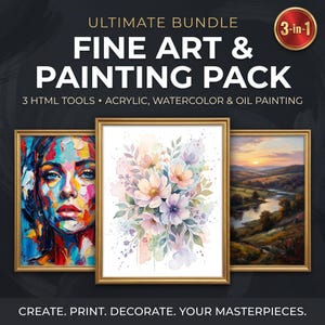May include: An Ultimate Bundle Fine Art & Painting Pack 3-in-1 digital product featuring three framed images: a colorful abstract portrait, a soft watercolor floral arrangement, and a landscape painting of a river at sunset.