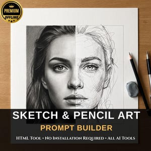 Peut inclure: Une feuille de papier carrée présentant un portrait divisé en deux. Le côté gauche est un dessin au graphite fini et ombré, tandis que le côté droit est une esquisse au crayon. Un crayon noir et une gomme grise sont posés à droite.