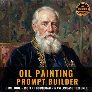 May include: An oil painting of an elderly person with a white beard, wearing a dark blue coat with gold embroidery. The text reads: PREMIUM OFFLINE, OIL PAINTING PROMPT BUILDER, HTML TOOL, INSTANT DOWNLOAD, MASTERCLASS TEXTURES.