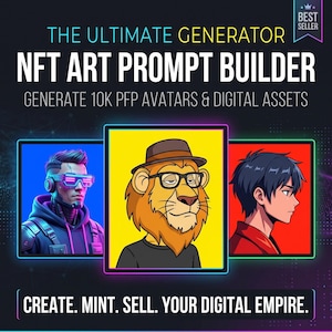 以下が含まれることがあります： THE ULTIMATE GENERATOR NFT ART PROMPT BUILDERというタイトルのデジタル製品グラフィック。青い色調のサイボーグ、メガネと帽子をかぶった黄色い色調のライオン、赤い色調のアニメスタイルのキャラクターという3つの正方形のキャラクターイラストが描かれています。