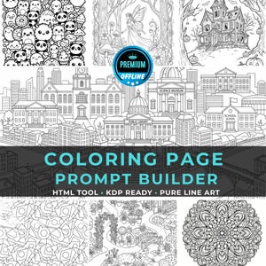 May include: A digital collection of black and white line art illustrations for coloring pages, featuring a city skyline with a public library and science museum, a fairy in a forest, a haunted house, a mandala, a garden, and cute characters.