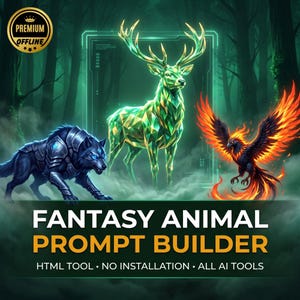 Peut inclure: Un graphique numérique montrant un cerf géométrique vert, un loup bleu foncé en armure et un phénix enflammé. Le texte indique FANTASY ANIMAL PROMPT BUILDER, HTML TOOL, NO INSTALLATION, ALL AI TOOLS, avec un badge doré PREMIUM OFFLINE.