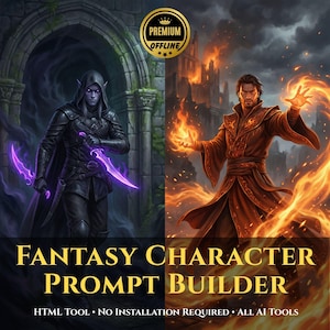 May include: A digital graphic featuring a split-screen fantasy character prompt builder. The left side shows a hooded elf with purple glowing daggers, and the right side shows a mage casting fire. Text reads: FANTASY CHARACTER PROMPT BUILDER.