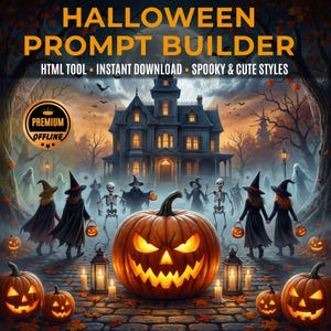 Könnte beinhalten: Eine digitale Grafik mit dem Titel HALLOWEEN PROMPT BUILDER, die einen großen Kürbis im Vordergrund, ein Spukhaus unter einem Vollmond sowie Figuren in Hexenkostümen und Skelette auf einem gepflasterten Weg mit Laternen zeigt.