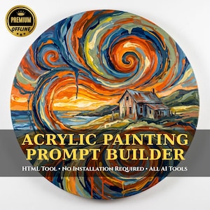 Peut inclure: Une peinture acrylique circulaire représentant un ciel tourbillonnant dans des tons orange, bleu et jaune au-dessus d'une petite maison près d'un littoral. Le texte indique : PREMIUM OFFLINE, ACRYLIC PAINTING PROMPT BUILDER, HTML TOOL, NO INSTALLATION REQUIRED, ALL AI TOOLS.