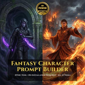 May include: A digital graphic titled Fantasy Character Prompt Builder featuring a split-screen design. On the left, a hooded figure in black armor holds glowing purple daggers. On the right, a figure in red robes conjures flames with hands.