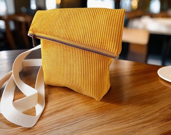 Sac à bandoulière pliable en velours côtelé jaune curry, sac à bandoulière