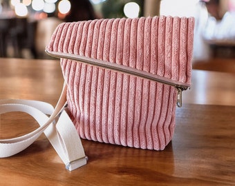 Sac à bandoulière pliable en large velours côtelé vieux rose, sac à bandoulière