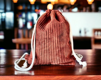 handmade fluffy wide cord gym bag in rust brown, available in two sizes