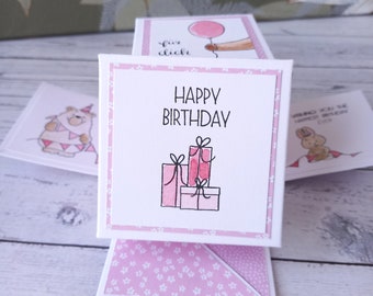 Süße Explosionsbox zum Geburtstag in Rosa, Größe L, 8,5 x 8,5 cm