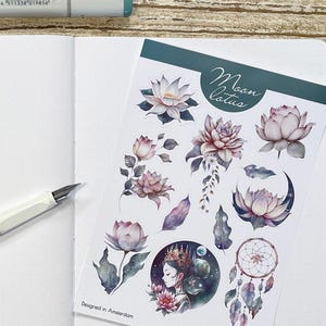 Stickers Celestial Lotus en Moon - stickerset mystieke bloemen met bloemen voor tijdschriften en planners