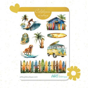 California Surfing Stickers Retro Summer Beach Stickers for Journals and Planners
