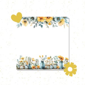 Może przedstawiać: Ilustracja akwarelowa z białym prostokątnym miejscem i kwiatowymi obramowaniami. Górna krawędź ma żółte i niebieskie kwiaty z zielonymi liśćmi. Dolna krawędź ma kwiaty w niebieskich wazonach. Żółte serce i kwiat są w rogach.