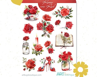 Planche d'autocollants roses rouges bujo - Stickers agenda