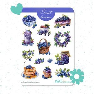 Feuille d'autocollants bleuets sucrés – Stickers baies fraîches pour agendas et journaux