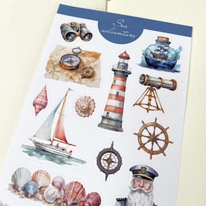 Foglio di adesivi "Avventure in Mare" con tema faro nautico per agende e diari