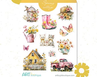 May include: A set of 10 spring cottage themed stickers featuring a yellow house, pink truck, birdcage, butterflies, kittens, flowers, a watering can, a teacup, a hat, and rain boots. The stickers are on a white background with a yellow banner at the top that says "Spring Cottage".