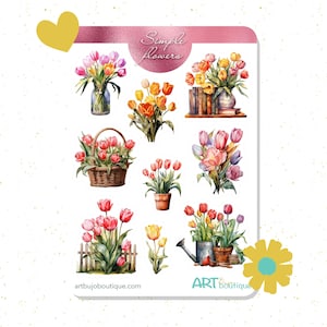 Foglio di adesivi con fiori di tulipani primaverili – Adesivi floreali minimalisti per agende e diari
