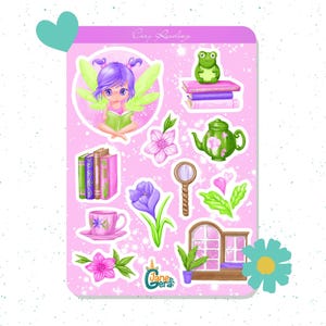 Feuille d'autocollants roses de livres de fées - Stickers fées livresques pastels mignons pour la tenue d'un journal, le scrapbooking, le bujo, le thème de la lecture, un cadeau pour les amoureux des livres