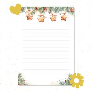 May include: A lined notepad with a festive Christmas theme. The top border features watercolor pine branches, pinecones, and star-shaped cookies. A gold heart and flower accent the corners. The notepad is perfect for holiday notes.