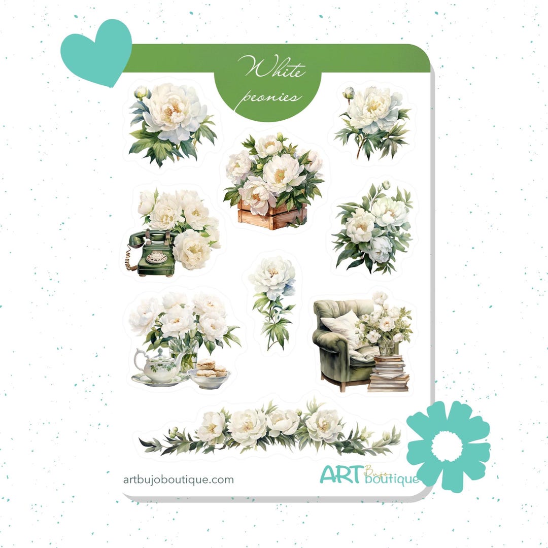 White Peonies Sticker Sheet Floral Stickers for Journaling & Planners ...