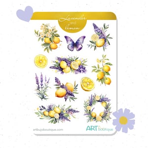 Pegatinas para planificador con lavanda y limones Hoja de pegatinas para bujo de verano