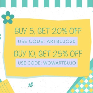 May include: A yellow and blue graphic with text that reads "BUY 5, GET 20% OFF USE CODE: ARTBUJO20 BUY 10, GET 25% OFF USE CODE: WOWARTBUJO"